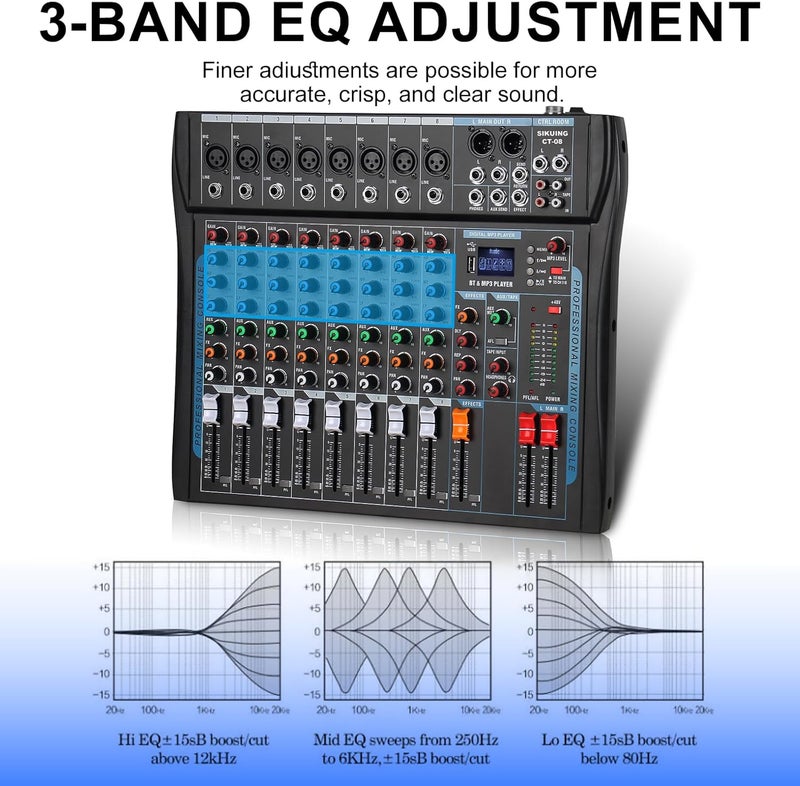 SIKUING 8 Channel Audio Mixer Sound Board Mixer 16 DSP Effect Audio Interfacer w/USB Drive for Computer Recording, 48V Power, XLR Microphone Jack DJ Mixer for Karaoke Studio Streaming Recording - Image 5
